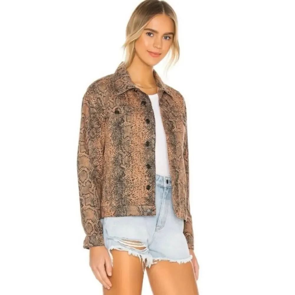 NWOT Free People Snake Trucker Jacket XS Brown Snakeskin Print Denim Cotton - Picture 4 of 14